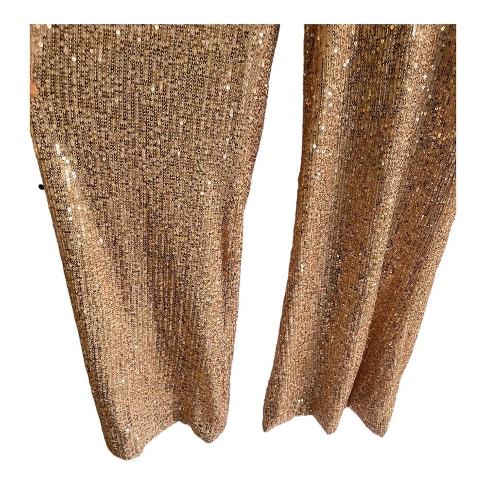 Mac Duggal Gold Sequined Puff Shoulder Illusion Cut Out Jumpsuit NWT Size 8 - Picture 6 of 9